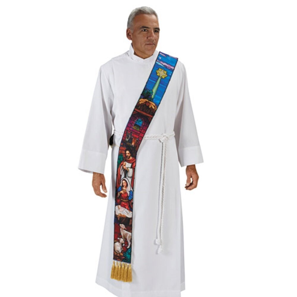 6531 Stained Glass Christmas Nativity Deacon Stole, 110 Inch Beige